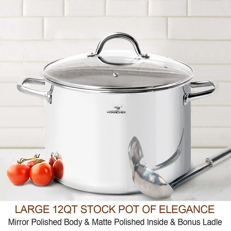 HOMICHEF 12 Quart LARGE Stock Pot with Glass Lid - NICKEL FREE Stainless Steel Healthy Cookware Stockpots with Lids 12 Quart - Mirror Polished Induction Pot - Commercial Grade Soup Cooking Pot - Image 2